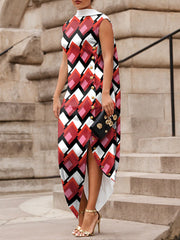 Asymmetric Printed Split-Joint Loose Sleeveless High Neck Maxi Dresses