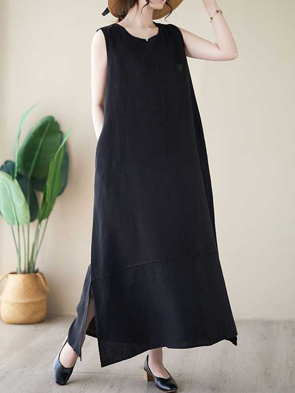 Solid Color A-Line Loose Round-Neck Midi Dresses