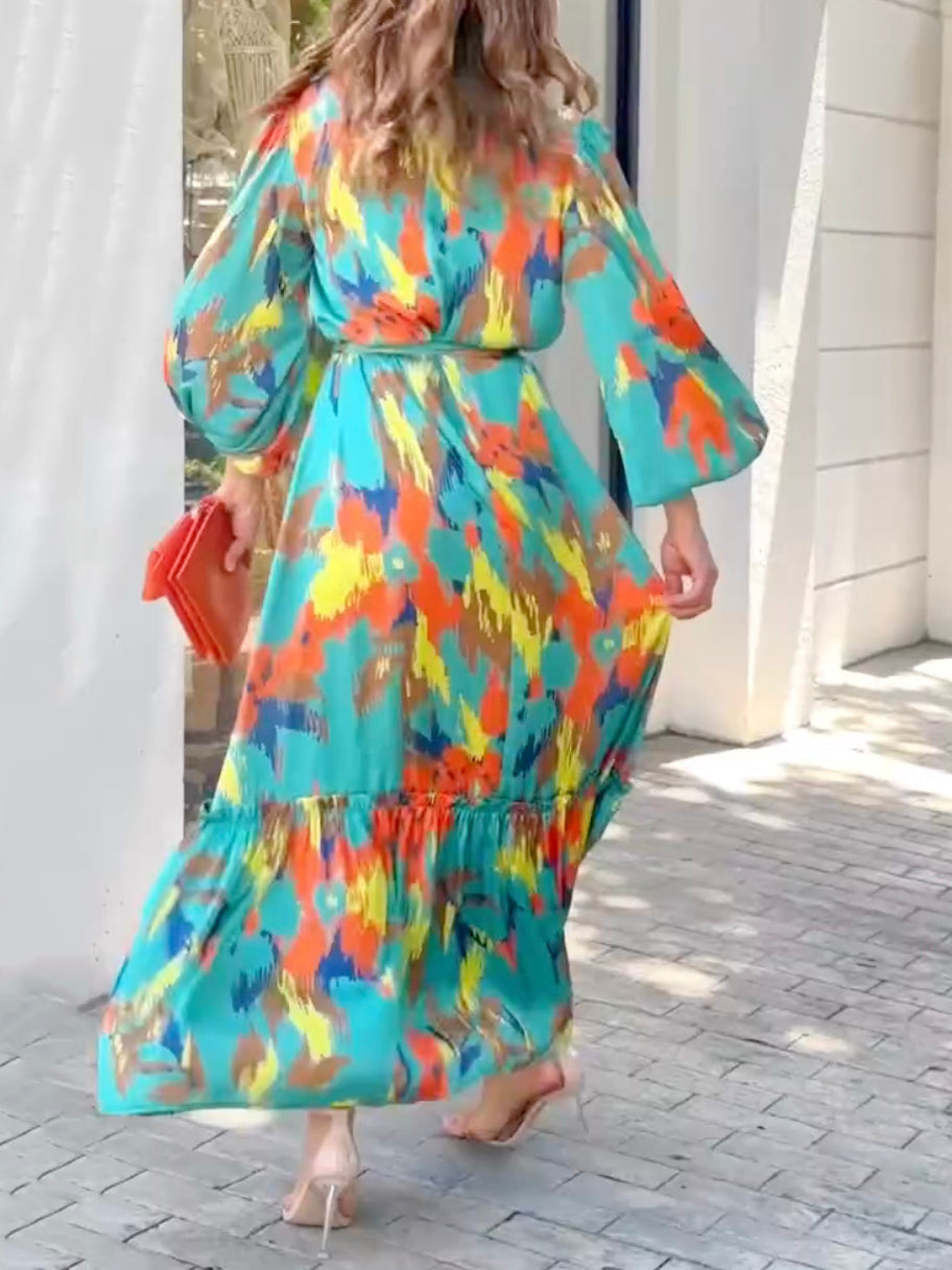 Printed Long Sleeves Loose Lapel Collar Maxi Dresses