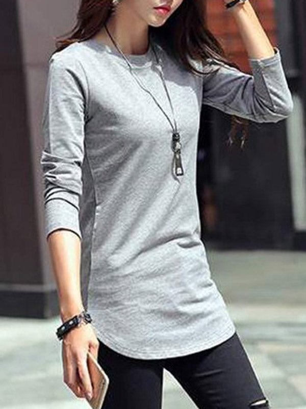 Solid Color Long Sleeves Round-Neck T-Shirts Tops