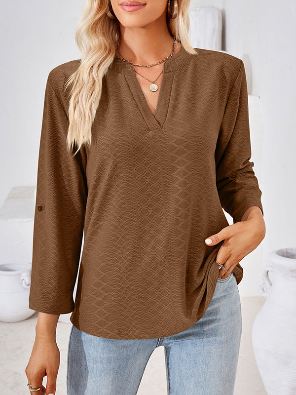 Jacquard Solid Color Loose Three-Quarter Sleeves V-Neck T-Shirts