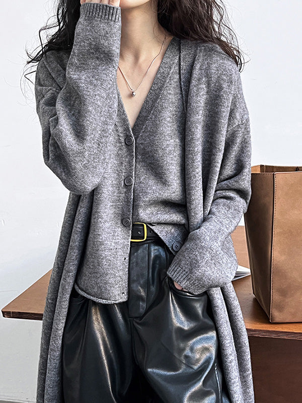 Buttoned Solid Color Long Sleeves Loose V-Neck Knit Vest + Cardigan Two Pieces Set