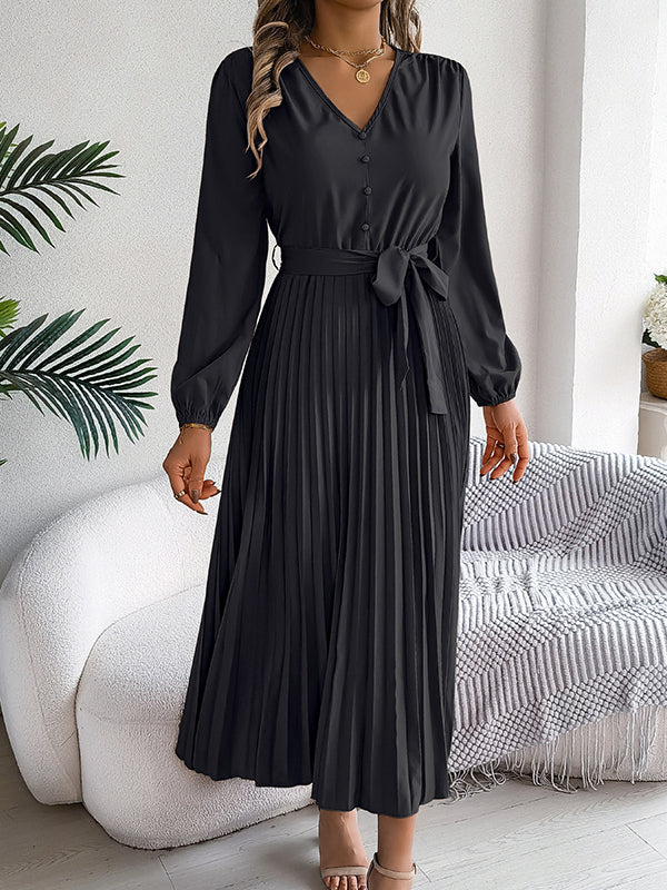 Belted Buttoned Pleated Solid Color High Waisted Long Sleeves V-Neck Maxi Dresses