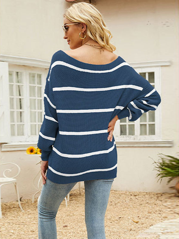 Long Sleeves Striped Off-The-Shoulder Sweater Tops