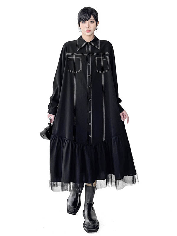 Asymmetric Buttoned Line Solid Color Split-Joint Irregularity Long Sleeves Lapel Shirt Dress Midi Dresses