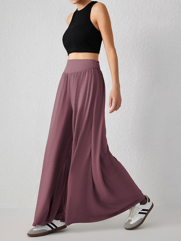Pleated Pockets Solid Color Split-Joint High Waisted Loose Trousers Pants