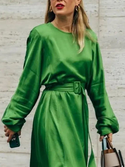 Solid Color Long Sleeves Loose Round-Neck Midi Dresses