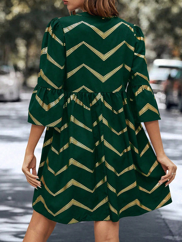 Buttoned Elasticity Striped A-Line High Waisted V-Neck Mini Dresses