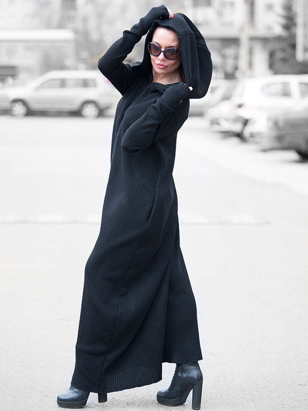 Knitting Black Zipper Hooded Wide Leg Jumpsuits