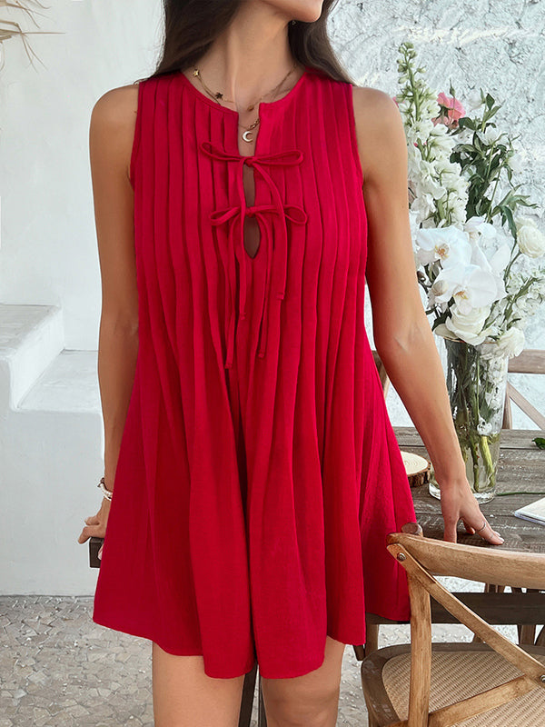 A-Line Loose Pleated Solid Color Tied Round-Neck Mini Dresses Vest Top