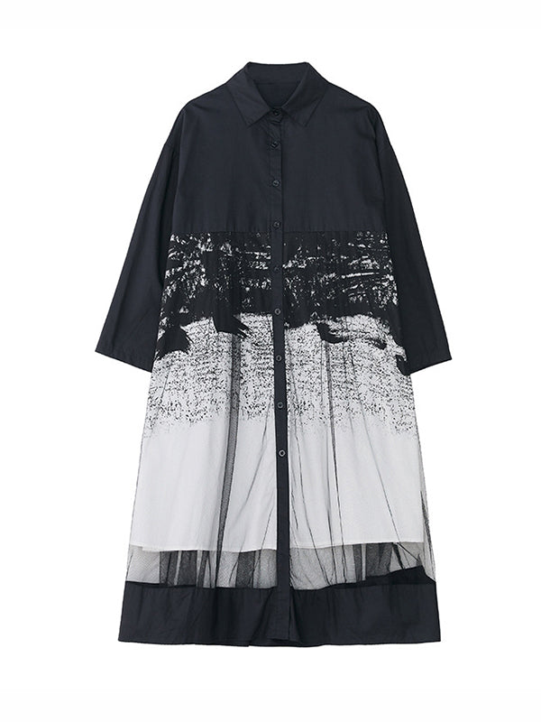 Buttoned Gauze Printed Split-Joint A-Line Long Sleeves Lapel Midi Dresses