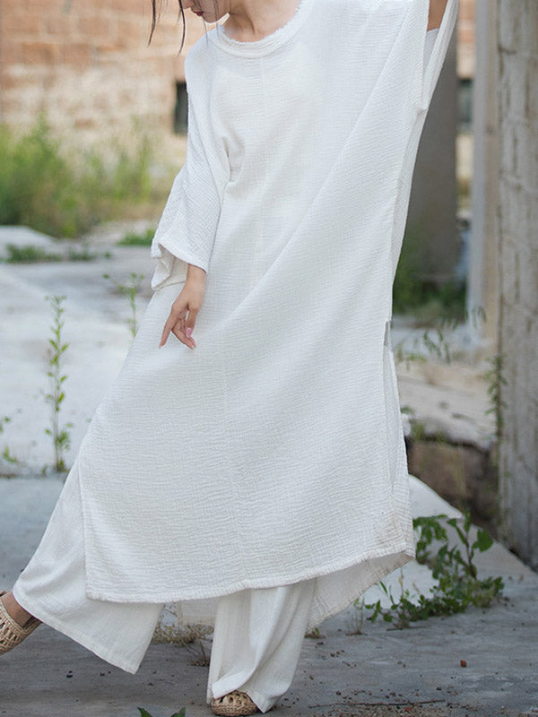 Solid Color Split-Joint Split-Side Batwing Sleeves Round-Neck Midi Dresses
