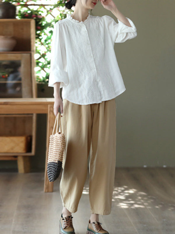 Embroidered Long Sleeves Loose Round-Neck Blouses&Shirts Tops