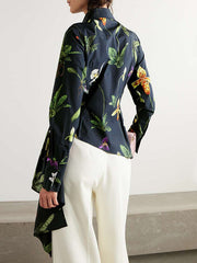 Asymmetric Flower Print Split-Joint Long Sleeves Loose Lapel Blouses&shirts Tops