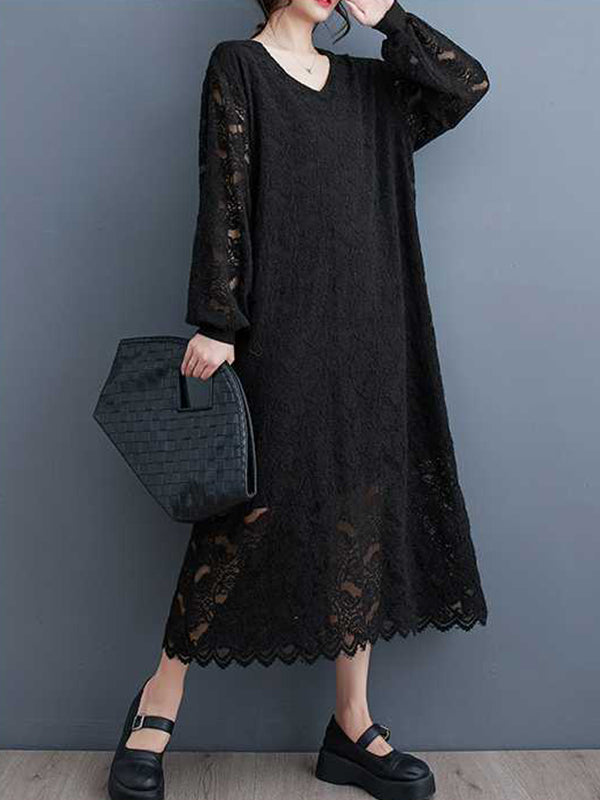Jacquard Bishop Sleeve Long Sleeves V-Neck Midi Dresses
