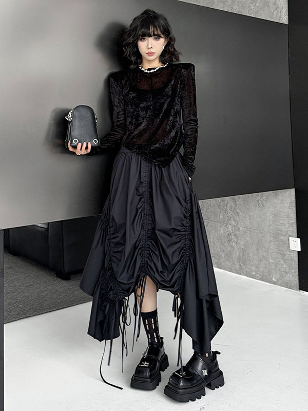 Asymmetric Drawstring Pleated Solid Color A-Line Elasticated Waist Skirts Bottoms