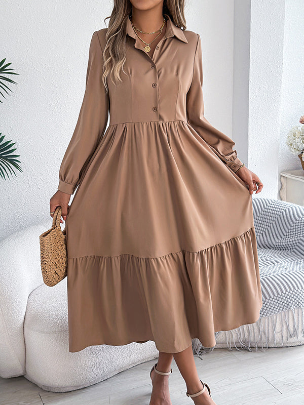 Pleated Ruffled Solid Color High Waisted Long Sleeves Lapel Shirt Dress Midi Dresses