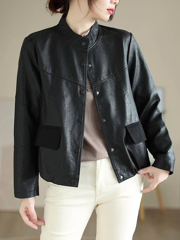 Buttoned Pleated Pockets Split-Joint Long Sleeves Loose Stand Collar Outerwear Jackets