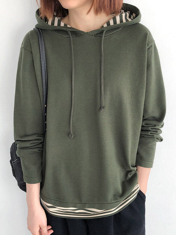 Casual 5 Colors Striped Hooded Long Sleeves Sweater Top