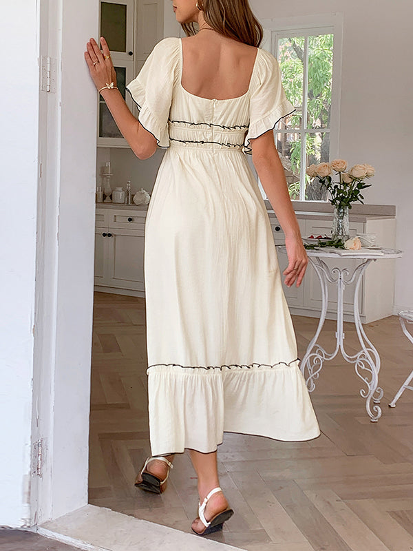 Pleated Ruffle Trim Split-Joint Zipper A-Line High Waisted Square-Neck Midi Dresses