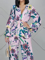 V-Neck High Waisted Long Sleeves Flower Print Tied Waist Shirts Top + Pants Bottom Two Pieces Set