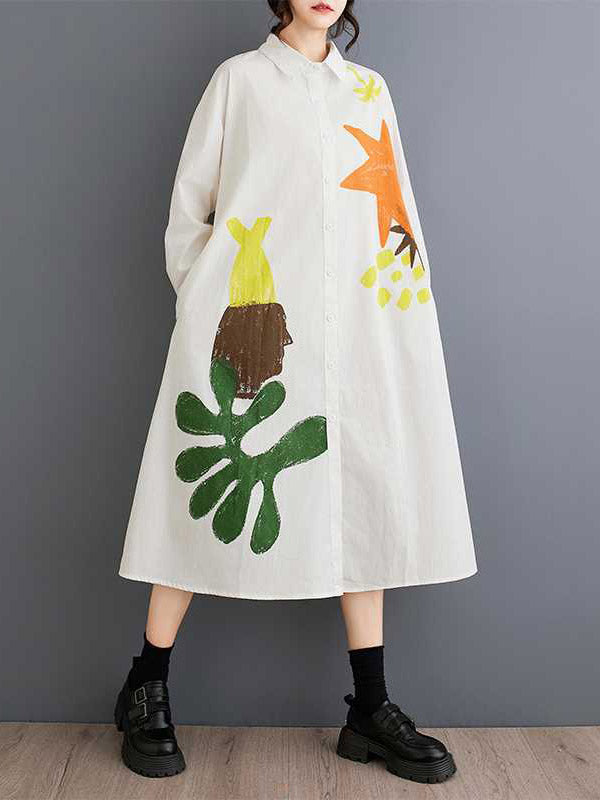 Buttoned Pockets Printed Split-Joint A-Line Long Sleeves Lapel Shirt Dress Midi Dresses