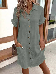 Pleated Split-Joint Loose Short Sleeves Lapel Shirt Dress Mini Dresses