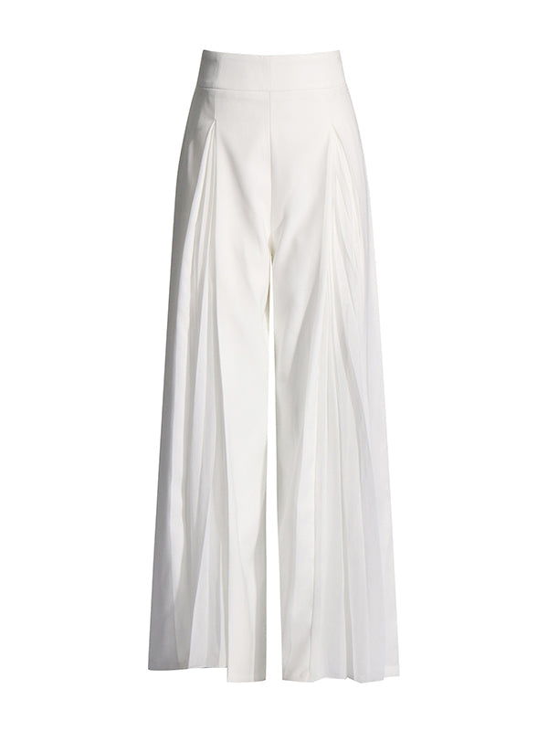 Round-Neck Long Sleeves Buttoned Solid Color Split-Joint Blazers Top +Zipper  Wide Leg Mesh Pleated Pants bottom Two Pieces Set