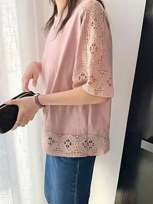 Hollow Solid Color Split-Joint Half Sleeves Loose Round-Neck T-Shirts