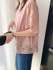 Hollow Solid Color Split-Joint Half Sleeves Loose Round-Neck T-Shirts