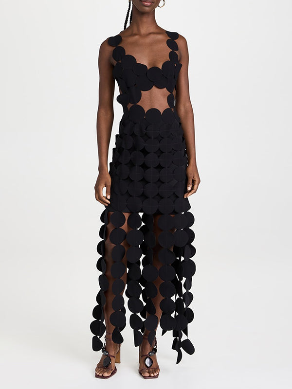 Backless Hollow Polka-Dot Solid Color Split-Joint Loose Sleeveless Round-neck Maxi Dresses
