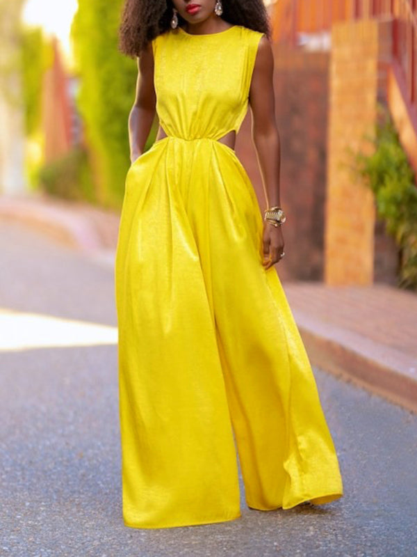 Hollow Solid Color Loose Wide Leg Round-neck Jumpsuits