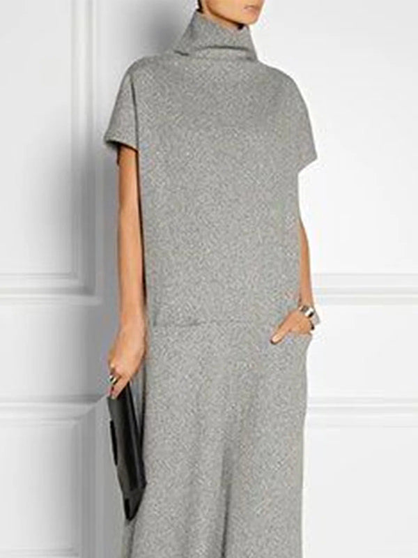 Solid Color Split-Joint Loose Short Sleeves High Neck Maxi Dresses