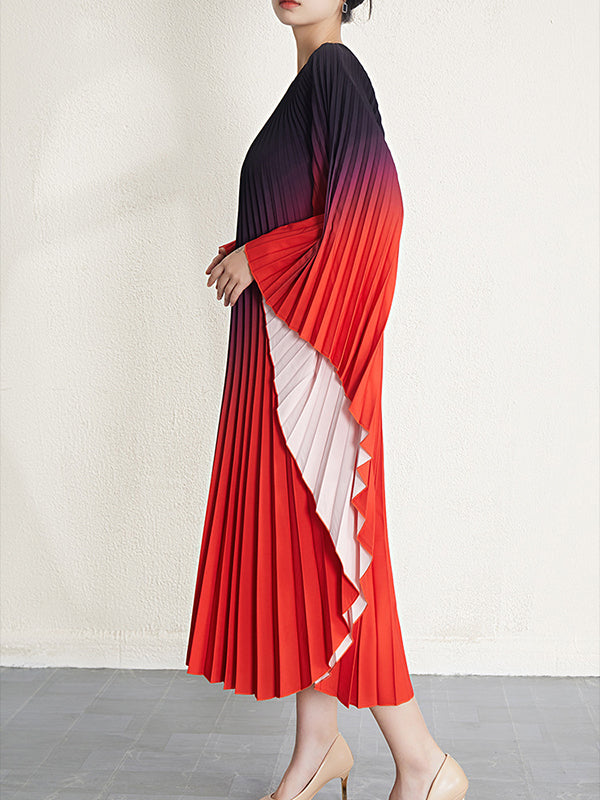 Gradient Pleated Batwing Sleeves Loose Round-Neck Midi Dresses