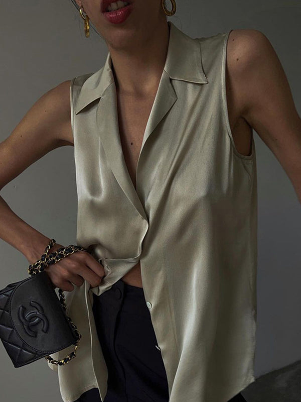 Solid Color Split-Joint Loose Sleeveless Lapel Vest Top
