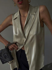 Solid Color Split-Joint Loose Sleeveless Lapel Vest Top