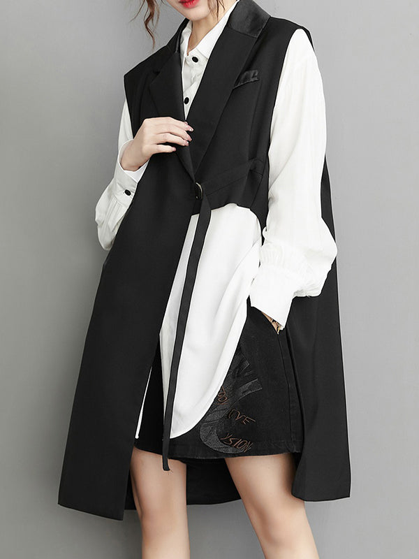 Asymmetric Pockets Tied Sleeveless Notched Collar Vest Outerwear