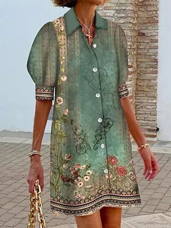 Buttoned Flower Print Half Sleeves Loose Lapel Shirt Dress Mini Dresses