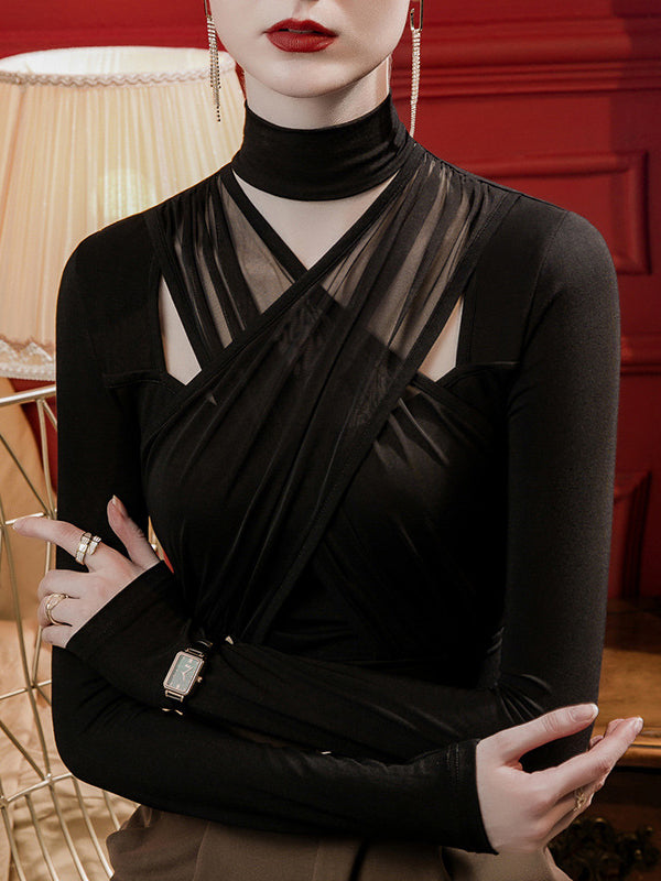Hollow Pleated Solid Color Split-Joint Long Sleeves Plus Size High Neck T-Shirts Tops