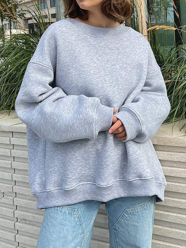 Solid Color Long Sleeves Loose Round-Neck Sweatshirt Tops