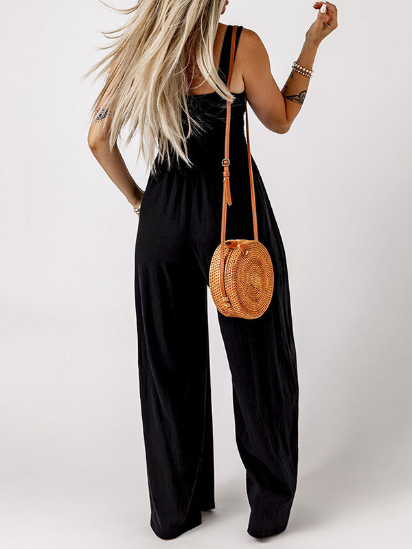 Pleated Solid Color Sleeveless Wide Leg Square-Neck Jumpsuits