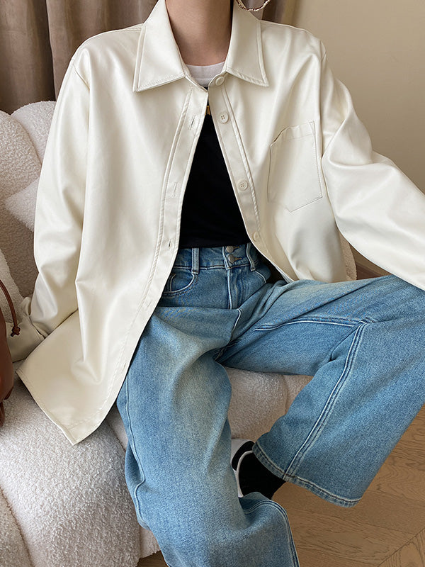 Buttoned Pockets Solid Color Long Sleeves Loose Lapel Outerwear Jackets
