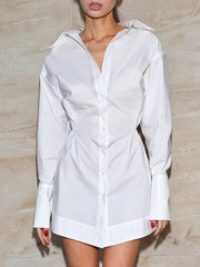 Buttoned Pleated Solid Color High Waisted Long Sleeves Lapel Shirt Dress Mini Dresses