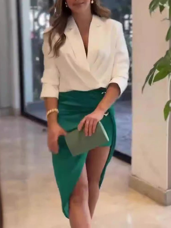 Solid Color Deep V-Neck Blouses Tops & Irregularity Bodycon Skirts Two Pieces Set