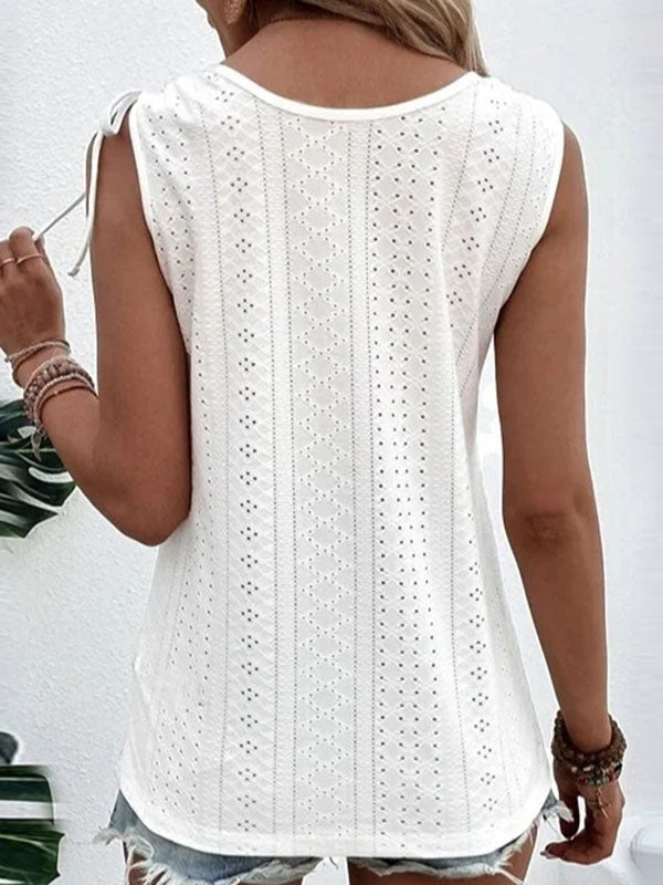 Buttoned Hollow Pleated Split-Joint Tied Loose Plus Size U-neck Vest Top