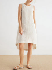 Solid Color High-Low Loose Round-Neck Midi Dresses