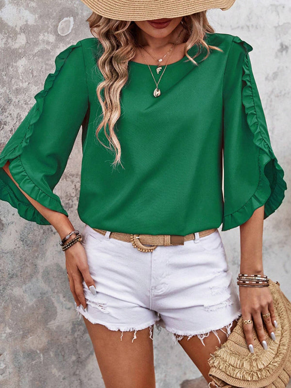 Ruffle Trim Solid Color Loose Three-Quarter Sleeves Round-Neck T-Shirts Tops