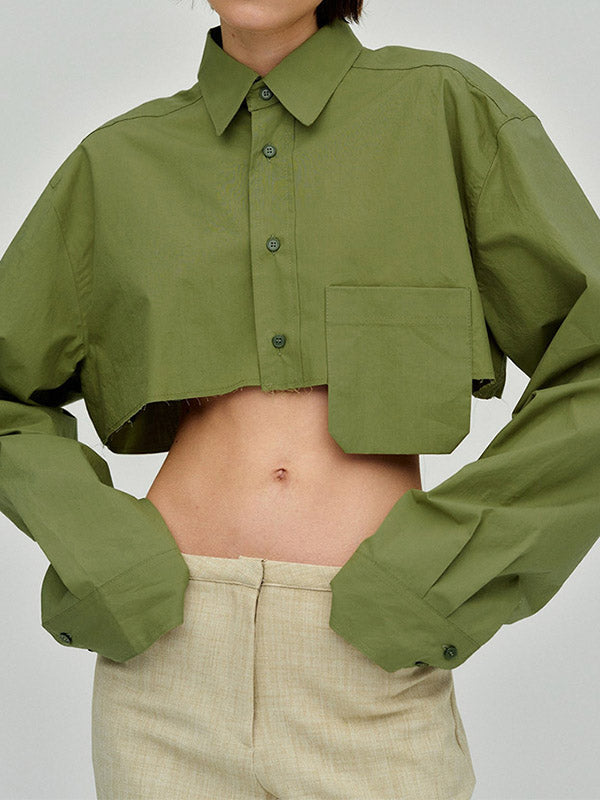 Asymmetric Buttoned Pockets Solid Color Split-Joint Long Sleeves Loose Lapel Blouses&Shirts Tops
