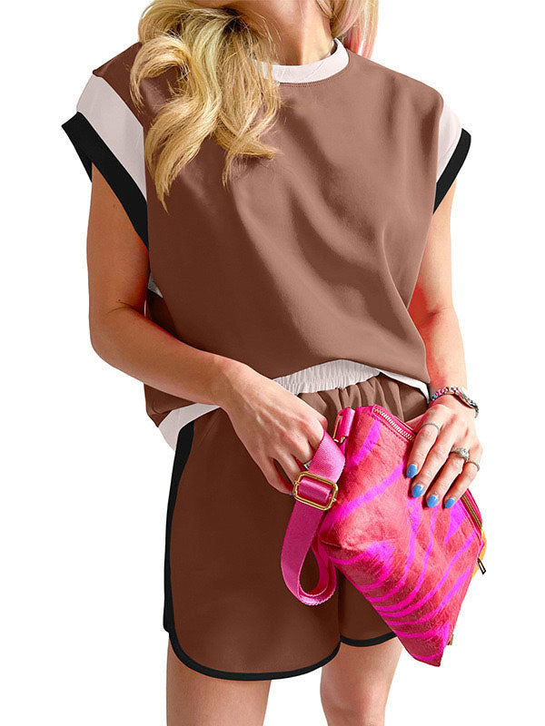 Contrast Color Elasticity Loose Short Sleeves Round-Neck T-shirt + Shorts Two Pieces Set