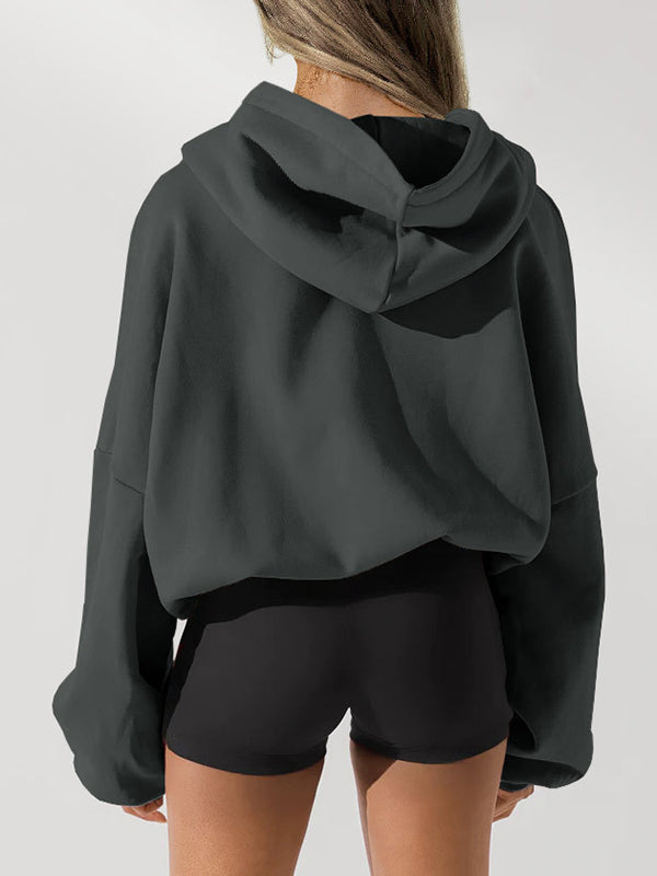 Drawstring Pockets Solid Color Zipper Hooded Long Sleeves Outerwear Jackets